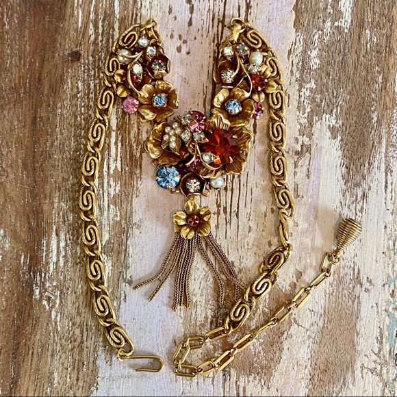 VTG Elaborate Crystal Gold-tone Floral Statement Necklace - Picture 2 of 12